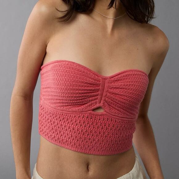 AMERICAN EAGLE Coral Pink Cinch‎ Front Crochet Knit Tube Top Size XXL - Picture 1 of 10
